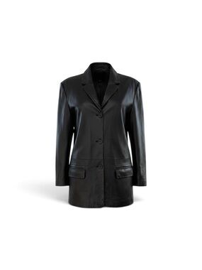 Women's Black Leather Three-Button Blazer Jacket